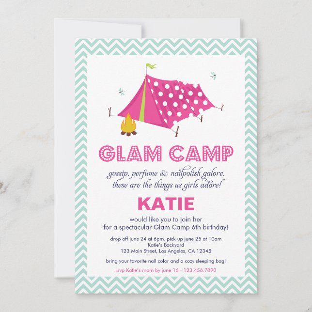 Glam Camp Makover Girls Birthday-inbjudan Inbjudningar (Framsida)