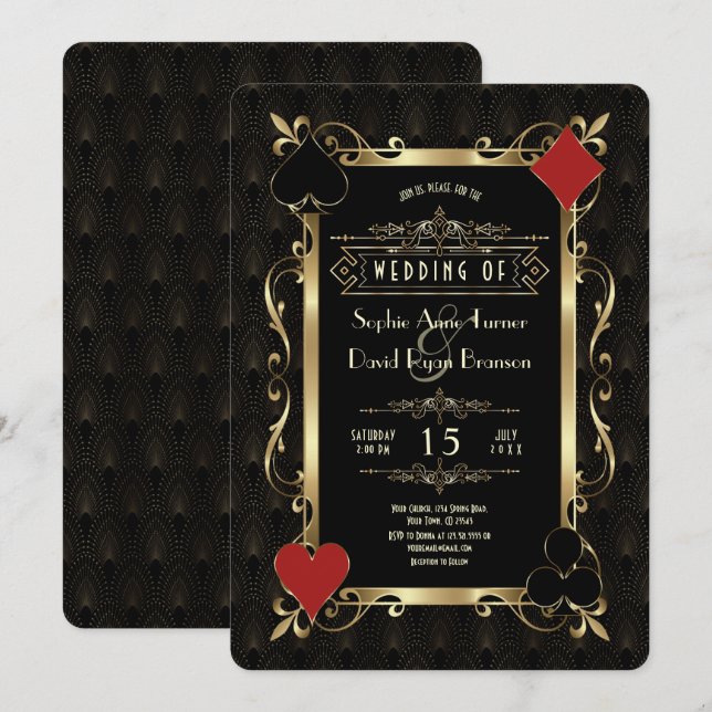 Glam Casino Night Gold Art Deco 20s Gatsby Wedding Inbjudningar (Fram/baksida)