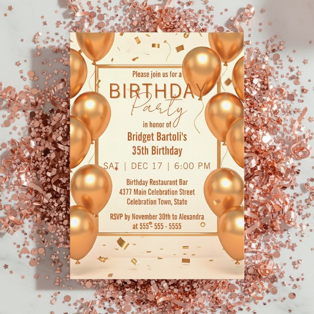 Glam Champagne Gold Balloons and Confetti Birthday Inbjudningar (Skapare uppladdad)