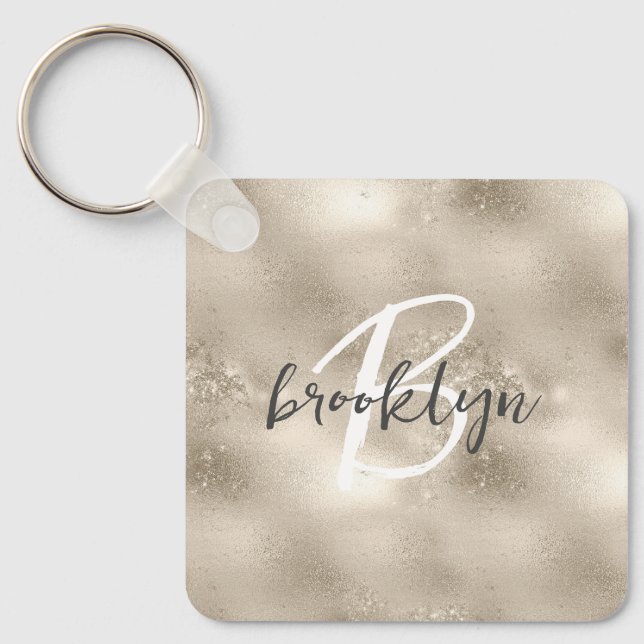 Glam Champagne Guld Glitter Gnista Monogram  Nyckelring (Framsida)