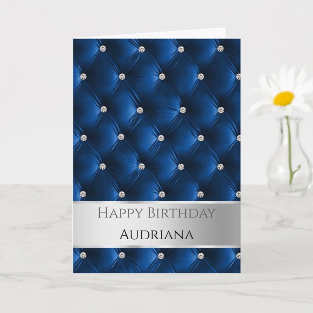 Glam Chic Blue Faux Velvet Silver Birthday Kort (Liten växt)