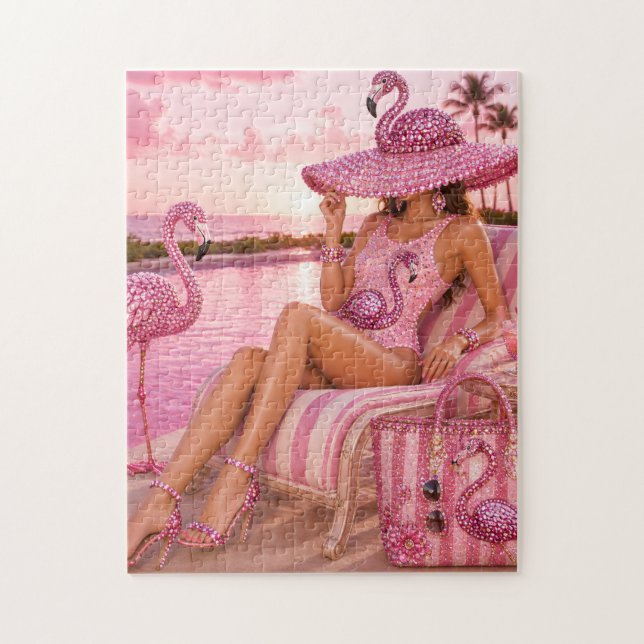 Glam Chic Classy Dam Rosa Flamingo Tropisk Strand Pussel (Vertikal)