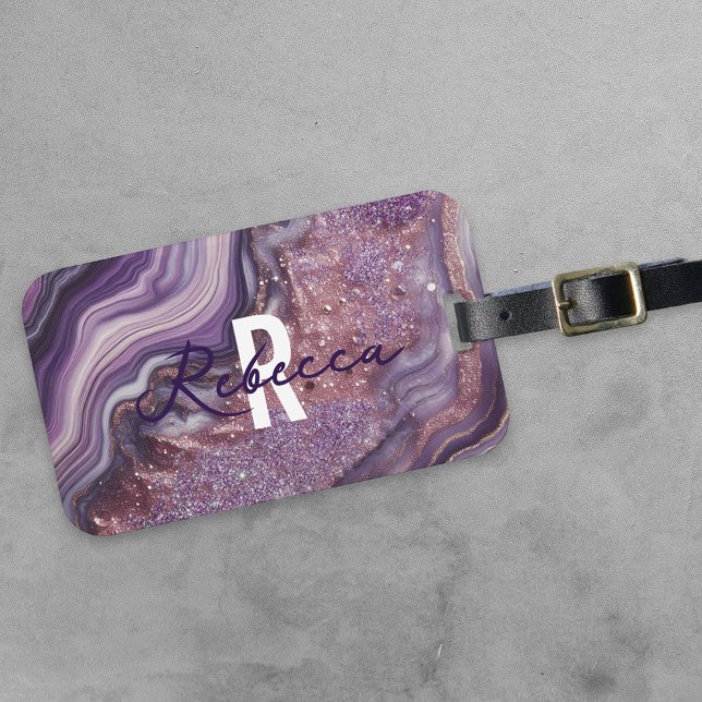Glam Chic Elegant Lila Glitter Agate Marble Bagagebricka (Skapare uppladdad)