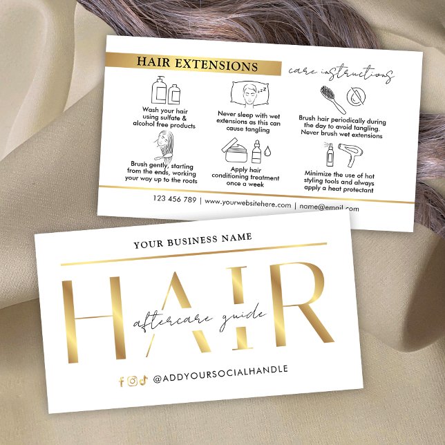 Glam Chic Guld Hair Extensions Care Instructions Visitkort (Modern faux gold hair extensions aftercare cards with icons)