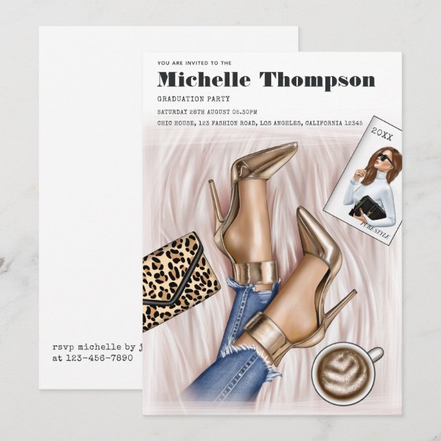 Glam Chic Guld Mode Show Studentfest Inbjudningar (Fram/baksida)