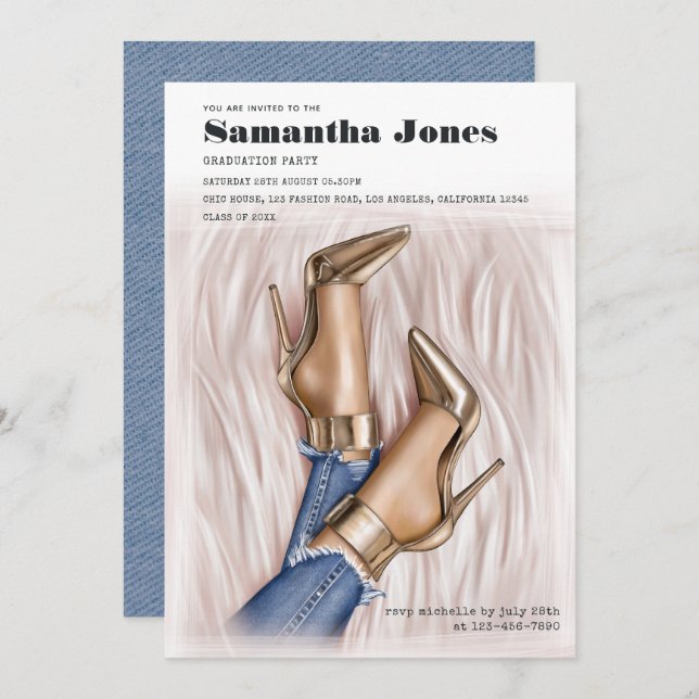 Glam Chic Mode Denim Studentfest Inbjudningar (Fram/baksida)