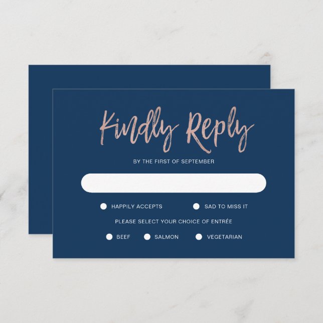 Glam Chic Navy Blue & Ro Guld Bröllop OSA Card (Fram/baksida)