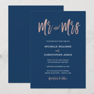 Glam Chic Navy & Ro Guld Mr & Mrs. Wedding Inve Inbjudningar