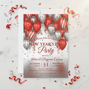 Glam Chic Red Silver Balloons Nyårsafton Party Inbjudningar