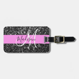 Glam Chic Rosa Black Glitter Gnistra Namn Monogram Bagagebricka