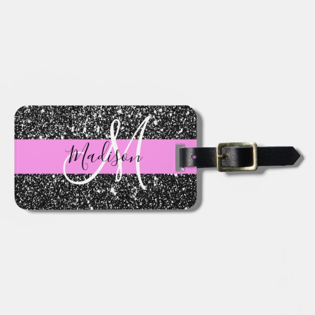 Glam Chic Rosa Black Glitter Gnistra Namn Monogram Bagagebricka (Horisontell Framsida)
