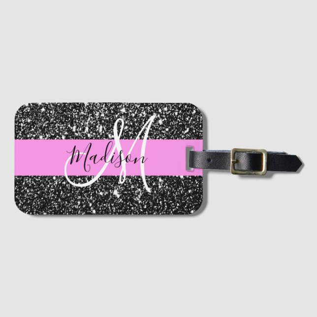 Glam Chic Rosa Black Glitter Gnistra Namn Monogram Bagagebricka (Framsida horisontal)