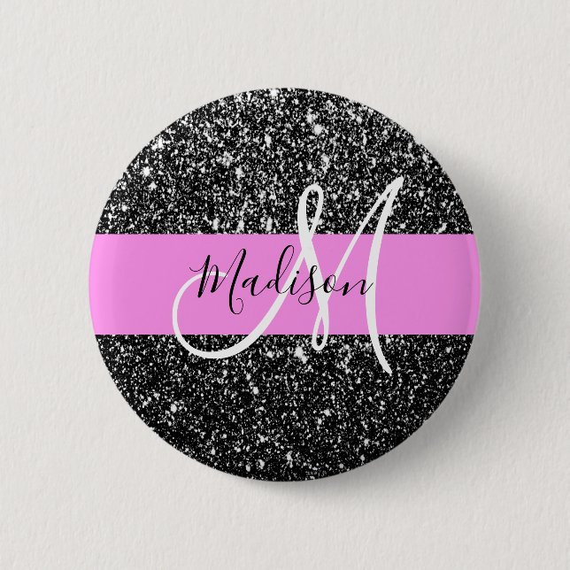 Glam Chic Rosa Black Glitter Gnistra Namn Monogram Knapp (Framsida)