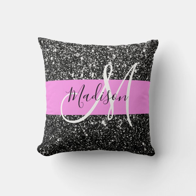 Glam Chic Rosa Black Glitter Gnistra Namn Monogram Kudde (Framsida)