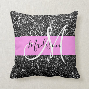 Glam Chic Rosa Black Glitter Gnistra Namn Monogram Kudde