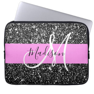 Glam Chic Rosa Black Glitter Gnistra Namn Monogram Laptop Fodral