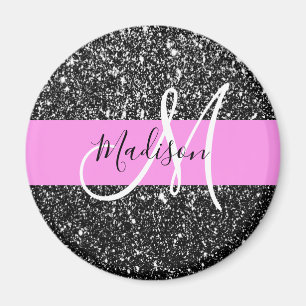 Glam Chic Rosa Black Glitter Gnistra Namn Monogram Magnet