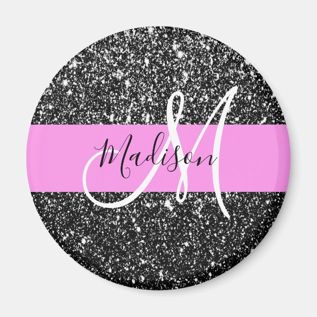 Glam Chic Rosa Black Glitter Gnistra Namn Monogram Magnet (Framsidan)