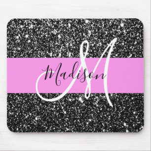 Glam Chic Rosa Black Glitter Gnistra Namn Monogram Musmatta