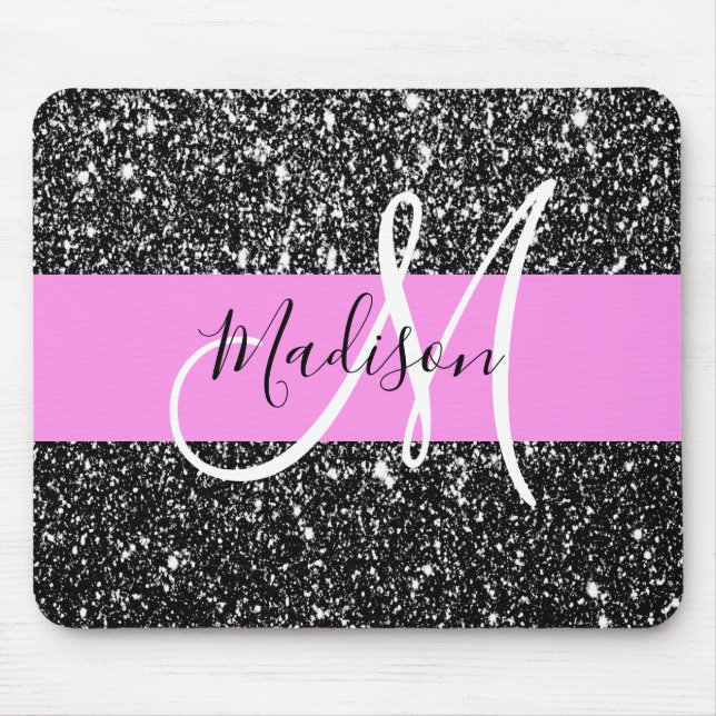 Glam Chic Rosa Black Glitter Gnistra Namn Monogram Musmatta (Framsidan)