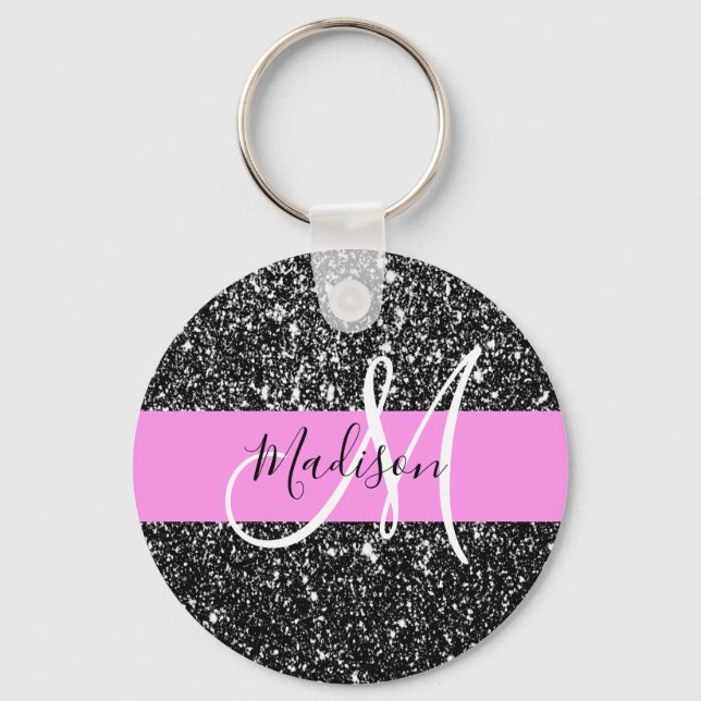 Glam Chic Rosa Black Glitter Gnistra Namn Monogram Nyckelring (Framsida)