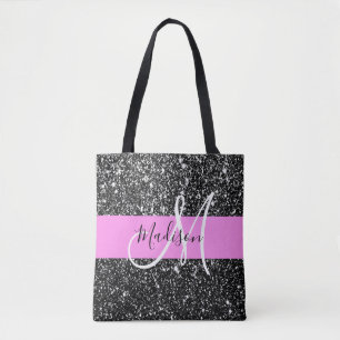 Glam Chic Rosa Black Glitter Gnistra Namn Monogram Tygkasse