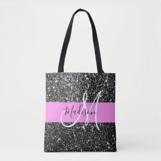 Glam Chic Rosa Black Glitter Gnistra Namn Monogram Tygkasse