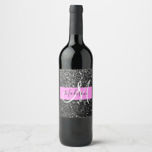 Glam Chic Rosa Black Glitter Gnistra Namn Monogram Vinflaska Etikett