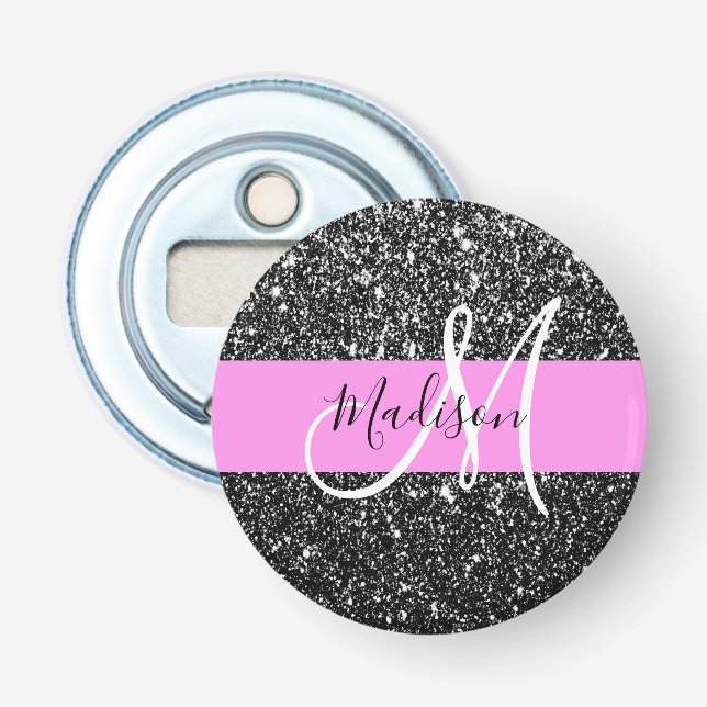 Glam Chic Rosa Svart Glitter Glans Namn Monogram Flasköppnare (Framsidan)