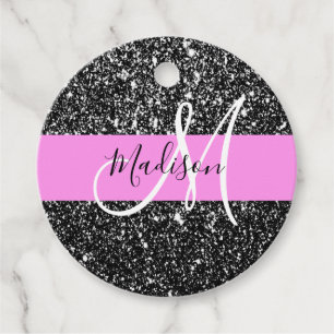 Glam Chic Rosa Svart Glitter Glans Namn Monogram Gåvor Etiketter