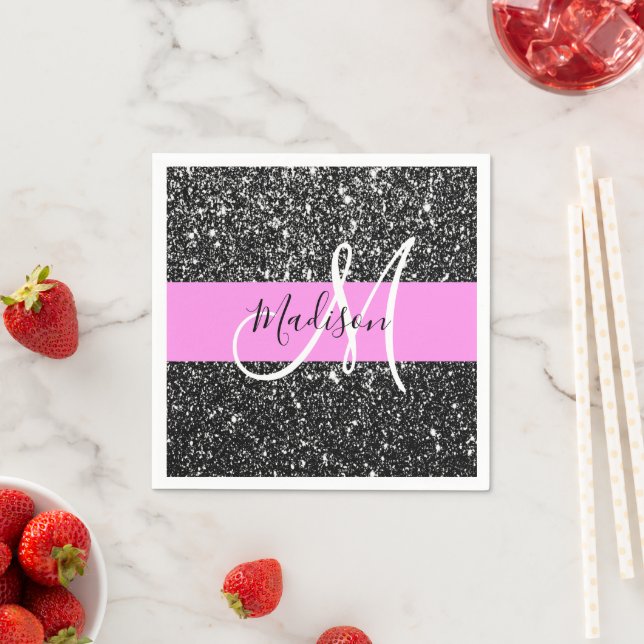 Glam Chic Rosa Svart Glitter Glans Namn Monogram Pappersservett (Insitu)