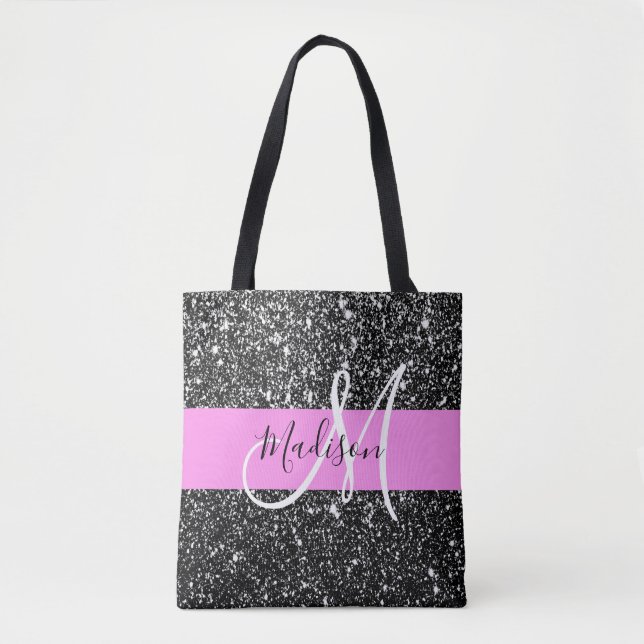 Glam Chic Rosa Svart Glitter Glans Namn Monogram Tygkasse (Framsida)