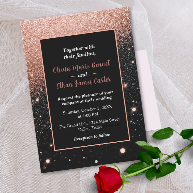 glam chic rose gold Glitter gold frame wedding Inbjudningar (Skapare uppladdad)