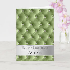 Glam Chic Sage Grönt Faux Velvet Silver Birthday Kort