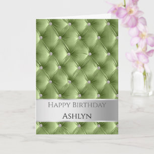 Glam Chic Sage Grönt Faux Velvet Silver Birthday Kort