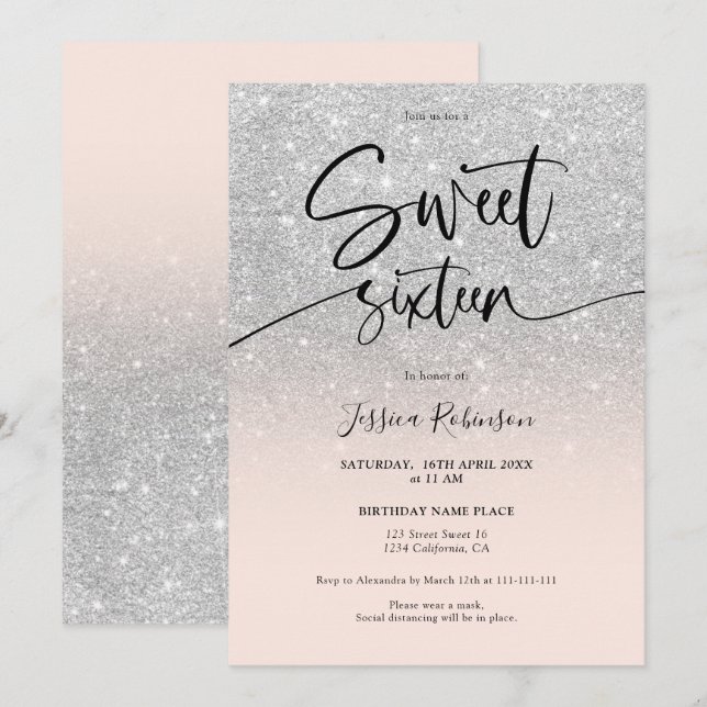 Glam chic silver glitter ombre girly rosa Sweet 16 Inbjudningar (Fram/baksida)