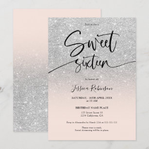 Glam chic silver glitter ombre girly rosa Sweet 16 Inbjudningar