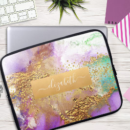 Glam chic vattenfärgsmarble guld lila aqua grönt laptop fodral