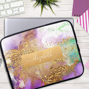 Glam chic vattenfärgsmarble guld lila aqua grönt laptop fodral