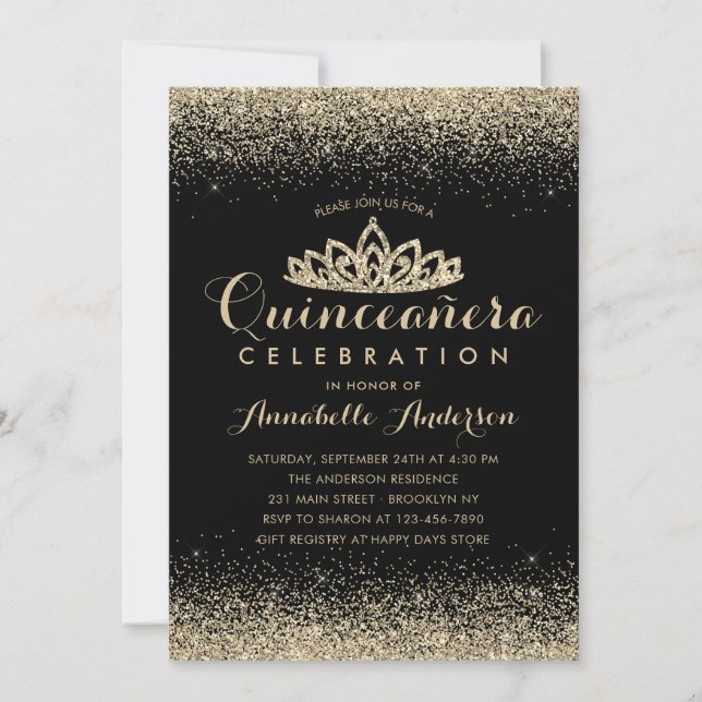 Glam Classic Black Quinceañera Guld Tiara Glitter Inbjudningar (Framsida)