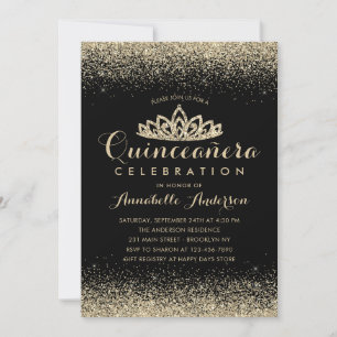 Glam Classic Black Quinceañera Guld Tiara Glitter Inbjudningar