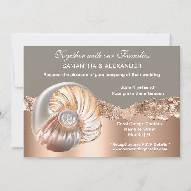 Glam Coastal Shell Beach Wedding Invitation Inbjudningar (Framsida)