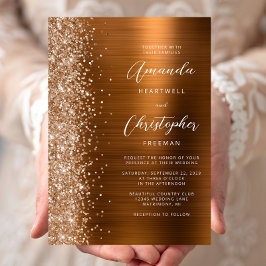 Glam Copper Brushed Metal Glitter Wedding Inbjudningar