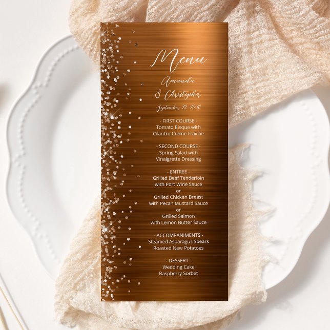 Glam Copper Glitter Brushed Metal Wedding Meny (Skapare uppladdad)