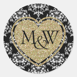 Glam Damask & Guld Glitter Monogram Bröllop Runt Klistermärke