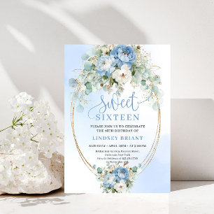 Glam Dammig Blå Peony Guld Sweet Sixteen Inbjudan