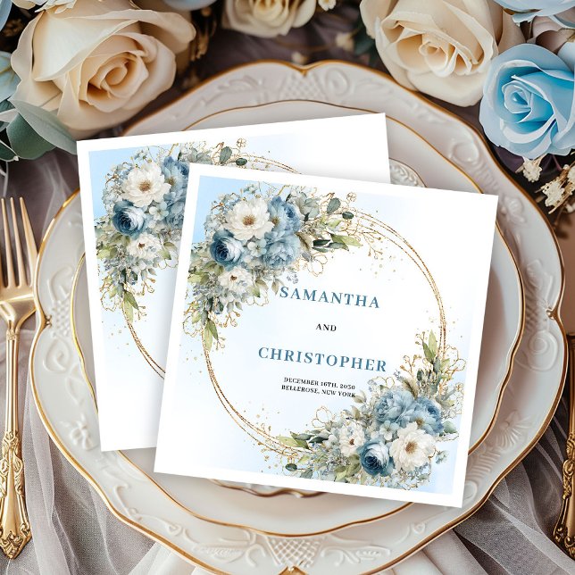 Glam dammiga blå rosor guld bröllopsservetter pappersservett (Glam Dusty Blue Roses Gold Wedding Napkins)