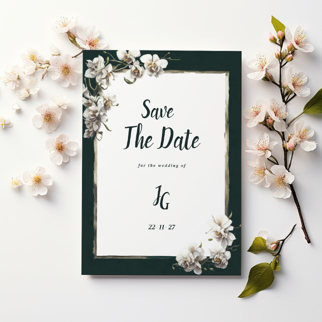 Glam dark green gold white orchid Save The Date Inbjudningar (Glam dark green gold white orchid Save The Date)
