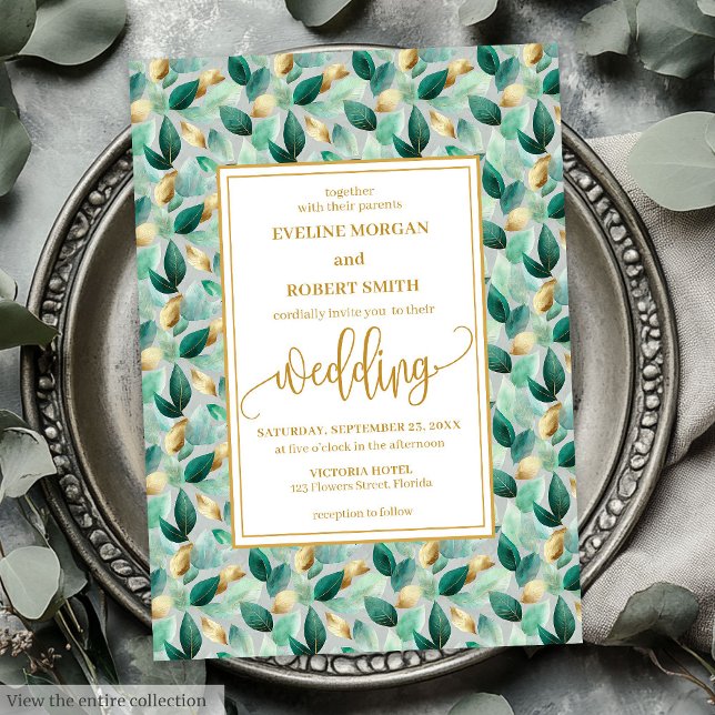 Glam Deep Grönt Guld Lövs bröllopsinbjudan Inbjudningar (Glam Deep Green Gold Leaves Wedding Invitation)