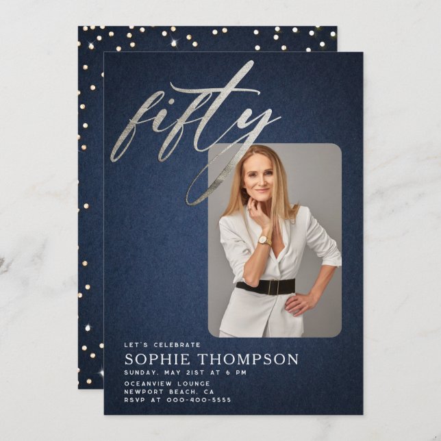 Glam Denim Diamonds Blue White 50 Birthday Photo Inbjudningar (Fram/baksida)